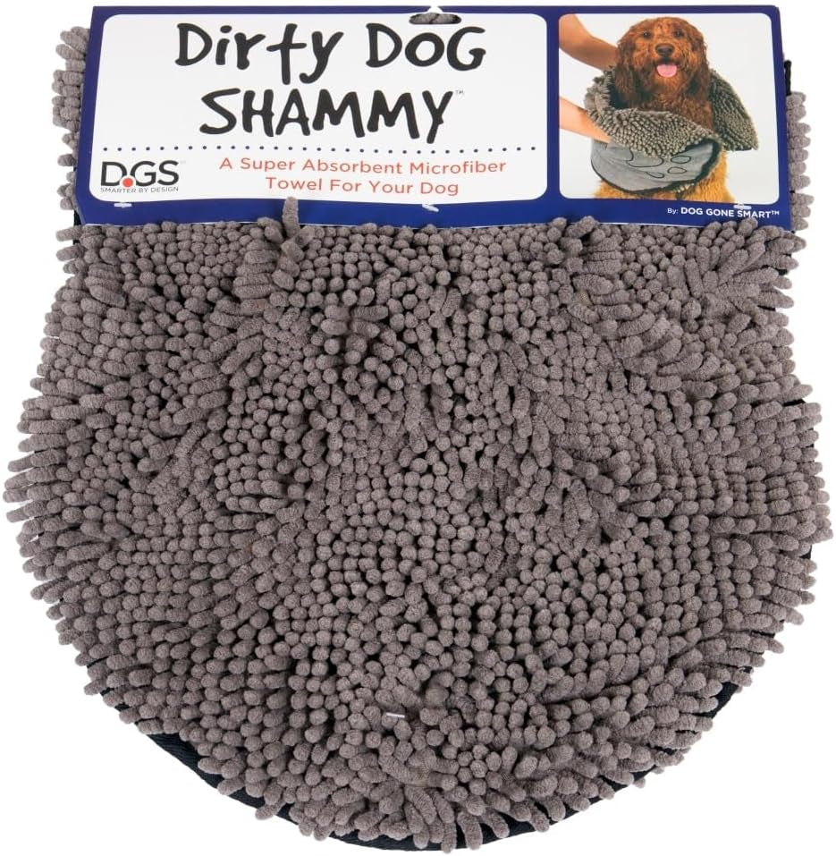 the Dirty Dog Shammy - Fast Drying Plush Shammy Towel with Dual Hand Pockets and Elastic - Super Absorbent Microfiber and Machine Washable - Grey