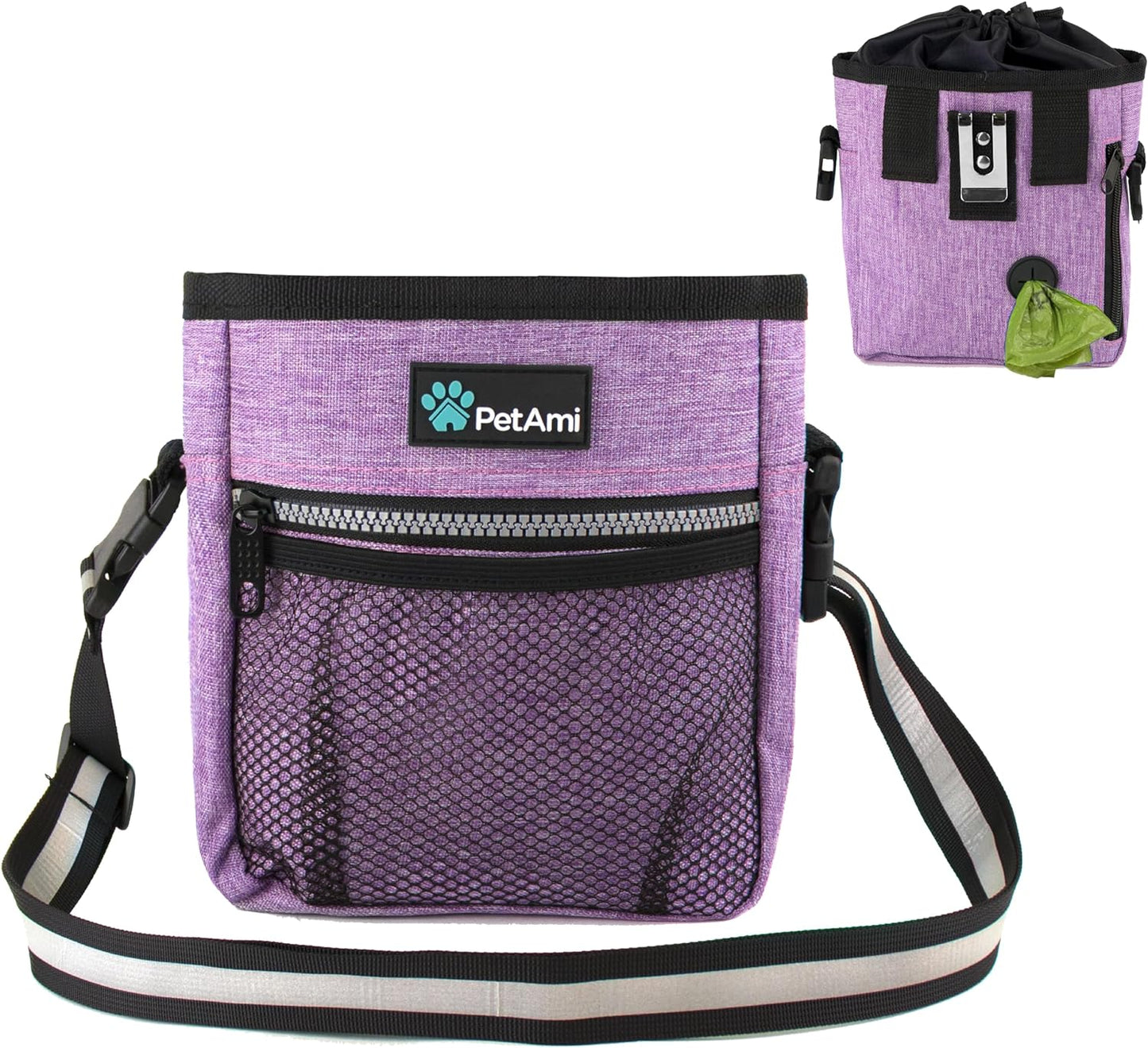 Dog Treat Pouch, Pet Treat Pouch for Training, Dog Walking Bag Holder for Kibbles, Pet Food Toy, Dog Trainer Essentials Supplies, Poop Bag Dispenser, 3 Ways to Wear (Purple)