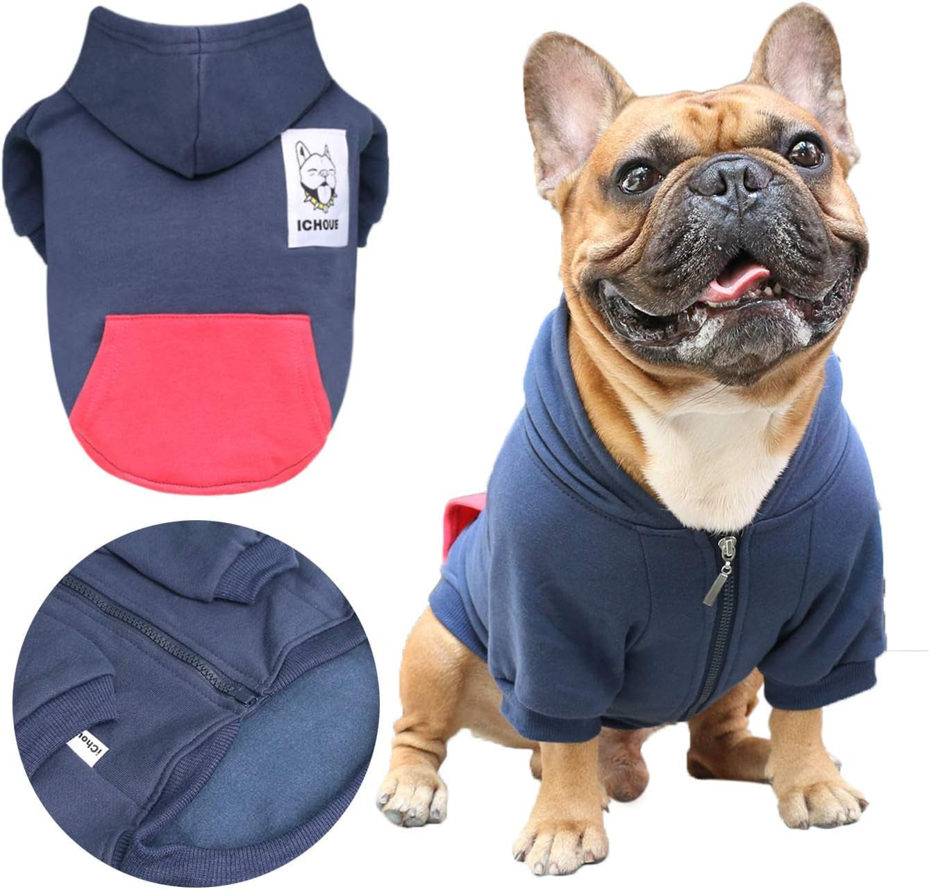 Pug Clothes Hoodies for Dogs Puppy French Bulldog Frenchie English Boston Terrier Bully Pitbull Sweatshirt Sweater Clothing Cold Weather Winter Coats - Navy/Small