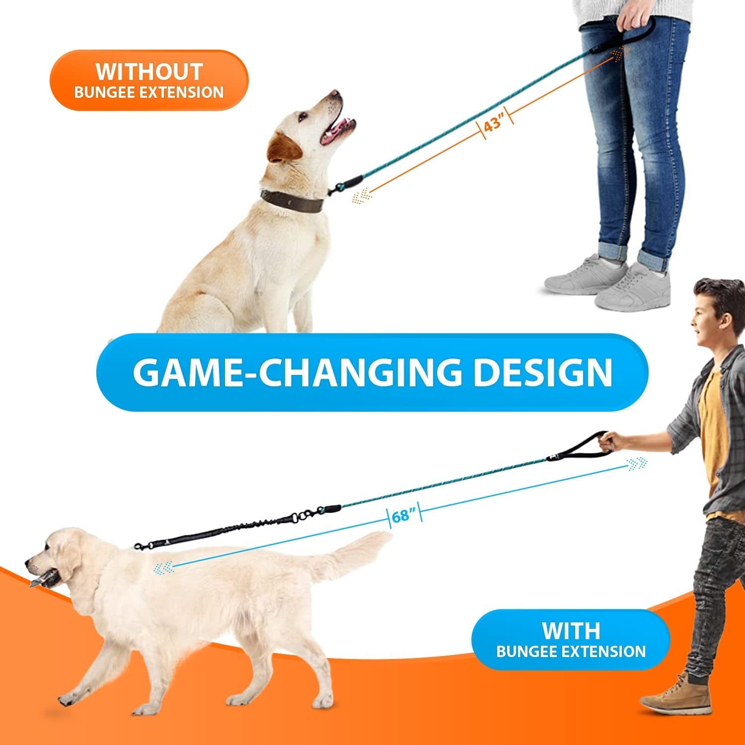 Heavy Duty Rope Bungee Leash for Large and Medium Dogs with Anti-Pull for Shock Absorption - No Slip Reflective Lead for outside (Teal, Bungee Leash- 5.5 Ft)