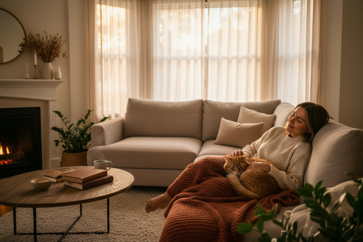Woman and cat in living room